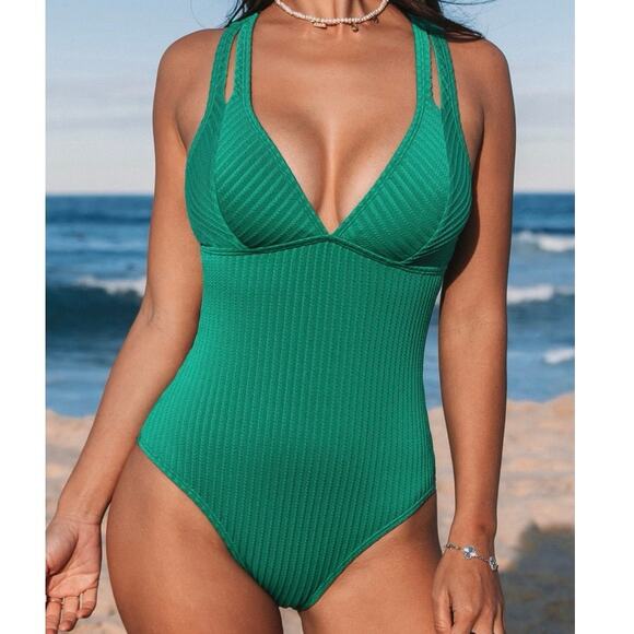 Cupshe Ribbed Green Cross Back One-Piece Swimsuit - Picture 2 of 8